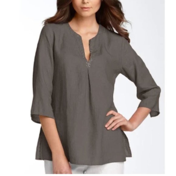 Eileen Fisher Irish linen sequin trim split-neck tunic szM - Picture 2 of 15